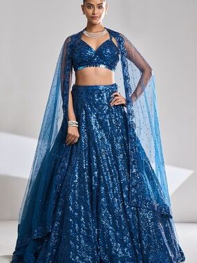 Sequined Deep Blue Lehenga Set with Sheer Embellished Dupatta